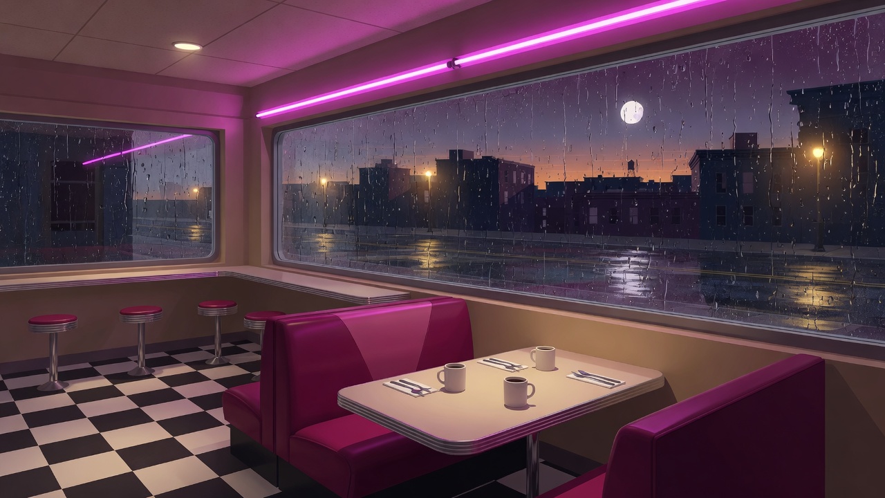 A rainy diner rendered with 3D depth, neon, and reflections