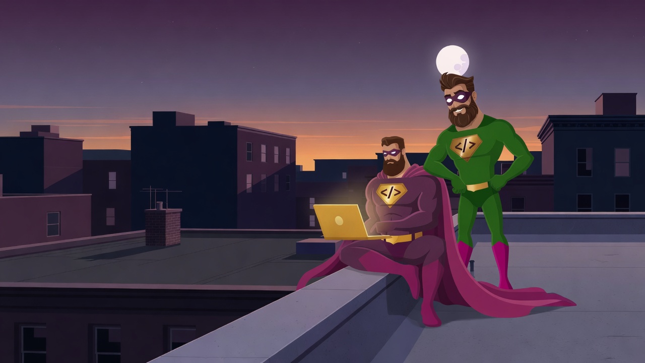 The sidekick in green but still wearing Hero's mask, beard, and emblem